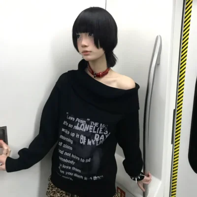 Off Shoulder Dark Pullover Sweater - Grunge Aesthetic