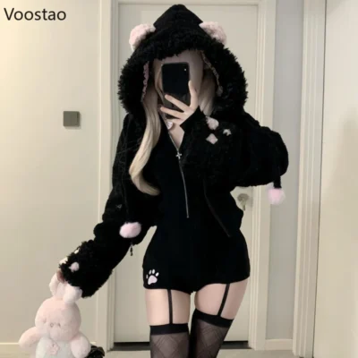 Black Cat Coat and Jumpsuit Set - Kawaii Coquette