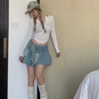 High Waist Denim Pleated Skirt - Y2K Aesthetic