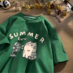 Green summer cat t-shirt featuring a cute kawaii cat graphic and text.