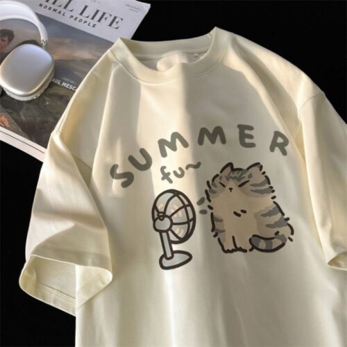 Cream colored kawaii cat shirt with "Summer fun" graphic.