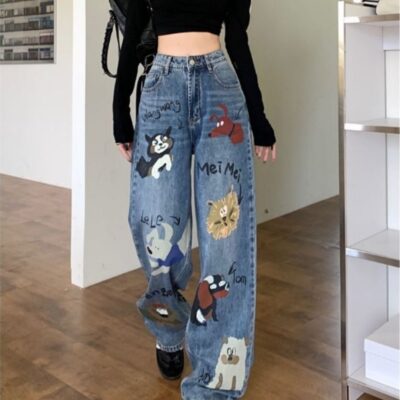 Retro Style Cute Graffiti Jeans - Y2K Aesthetic