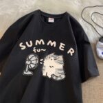Black kawaii cat shirt with 'SUMMER' text and fan graphic. Kawaii cat shirt design.