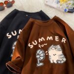 Kawaii cat shirt featuring 'Summer' and 'fun' typography on a brown t-shirt.