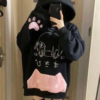 Black Pink Cat Hoodie - Cutecore Aesthetic すきび