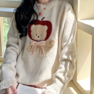 Apple Bear Sweater - Cottagecore Aesthetic