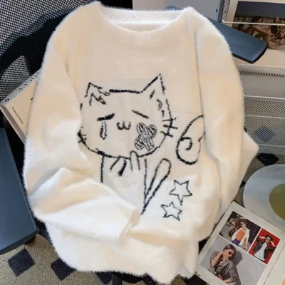 White Neko Fluffy Sweater - Cutecore Aesthetic