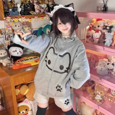 Cute Neko Print Gray Hoodie - Harajuku Aesthetic