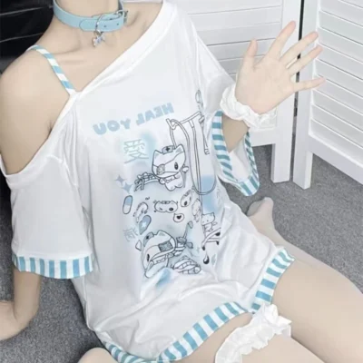 Blue Nurse Cat T-Shirt - Cutecore Aesthetic