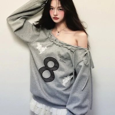 Off Shoulder Gray Sweathirt - Coquette Aesthetic