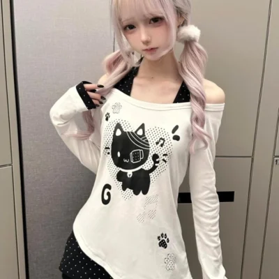 Patched Neko Off-Shoulder T-Shirt - Cutecore Aesthetic