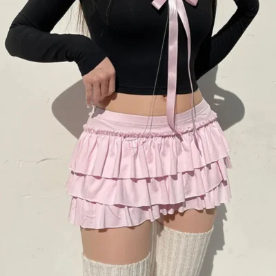 Bowed Pink Ruffled Skirt - Coquette Aesthetic