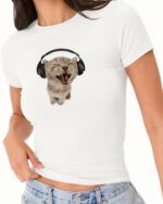 White Jam Cat t-shirt featuring a cat with headphones, listening to music.