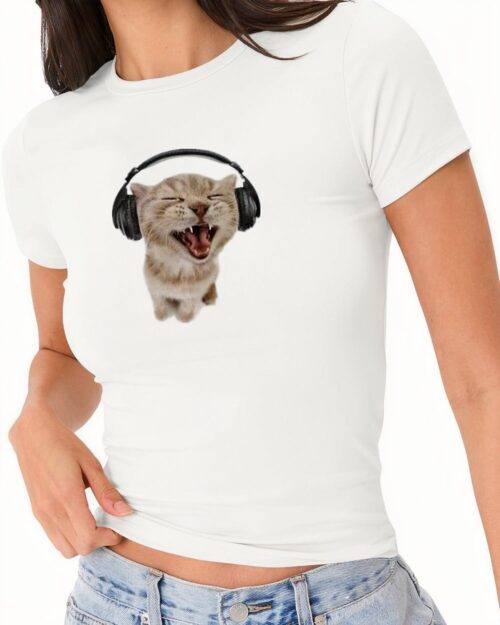 White Jam Cat t-shirt featuring a cat with headphones, listening to music.
