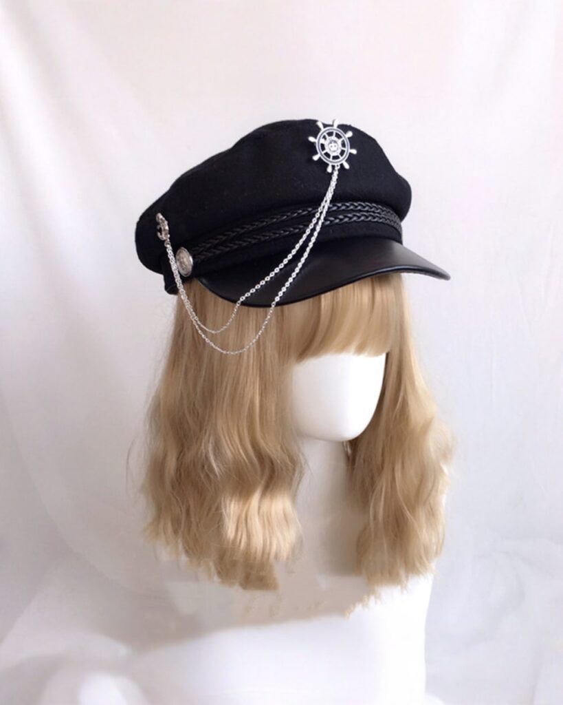 Black gothic style army hat with a ship charm and chain detail.