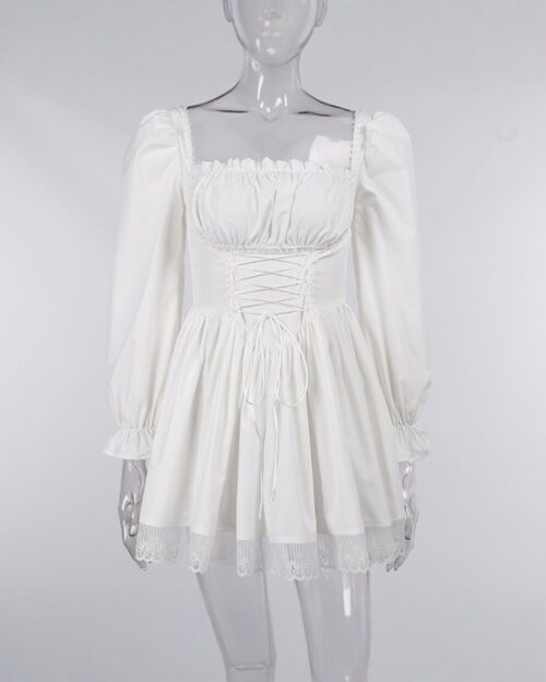 White French aesthetic dress with lace details, puff sleeves, and a tie closure.