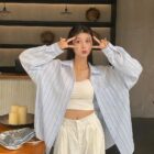 Long-sleeved Striped Casual Shirt - Korean Aesthetic word2