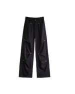 Black rivet design loose pants, Korean aesthetic pants, wide-leg style.