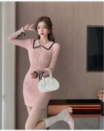 Pink Korean knitted dress with a vintage collar detail and long sleeves.