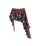 Red and black plaid y2k aesthetic skirt with layered ruffles and asymmetrical design.