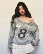 Off Shoulder Gray Sweathirt - Coquette Aesthetic sweatshirt featuring a large number 8 and floral embroidery.