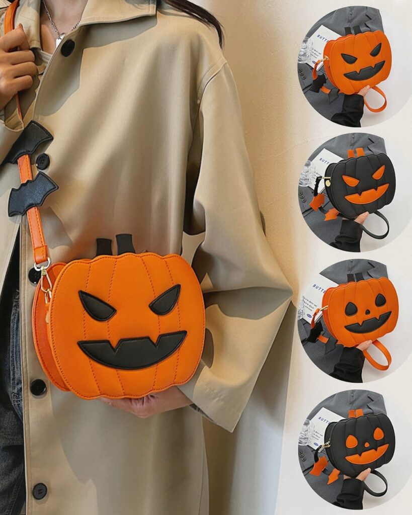 Cute pumpkin halloween bag with black bat charm, crossbody strap.