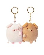 Kawaii piggy keychain plushies, pink and brown, with keychains.
