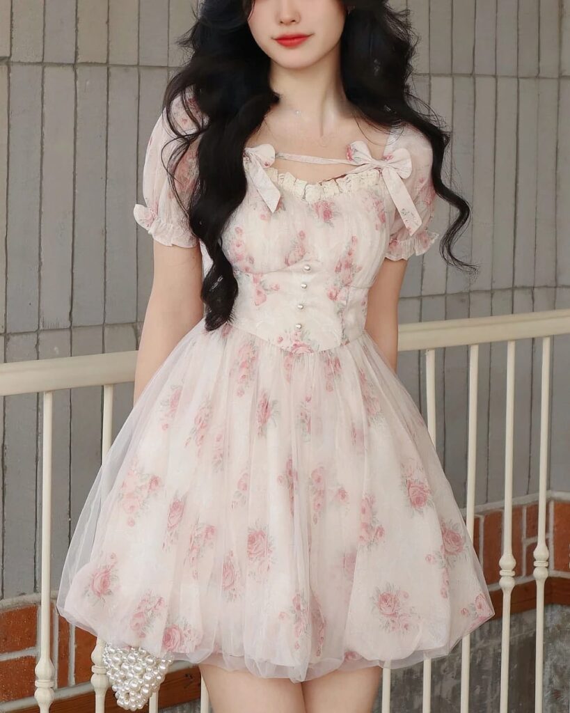 Floral pink dress with floral print, cottagecore aesthetic dress.