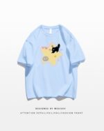 Light blue t-shirt with a kawaii scaredy-cat t-shirt design featuring a black cat and other cute characters.