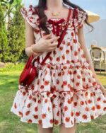 Floral lolita apple dress with ruffles and a tiered skirt, featuring an apple print.