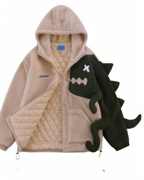 Harajuku dino hoodie featuring a fluffy beige cashmere design with a green dinosaur applique.