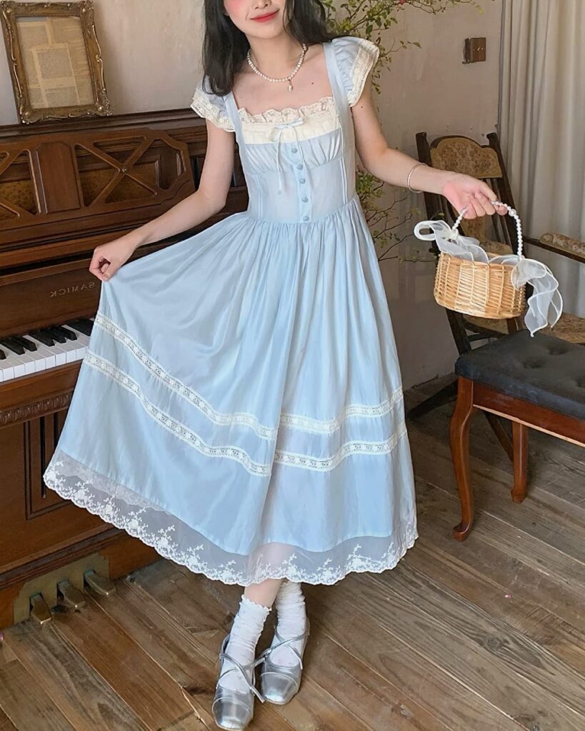 Light blue cottagecore aesthetic dress with lace trim, featuring a square neckline and short sleeves.