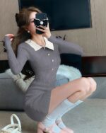 Korean knitted dress in a vintage style, featuring a cable knit design and collar.