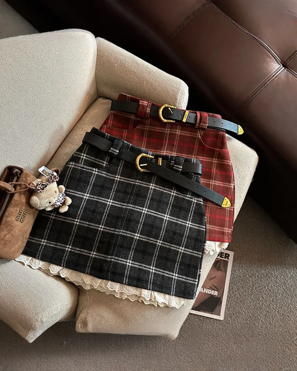 Black and red plaid mini skirt, preppy aesthetic skirt with belt and accessories.