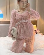 Pink flannel lace court pajamas - Victorian sleepwear, featuring a cozy, textured design and delicate lace trim.