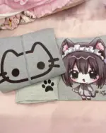 Cute neko print hoodie featuring a cat and a chibi maid design on gray fabric.