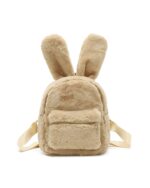 Light brown plushie rabbit backpack with ears and a zipper pocket.