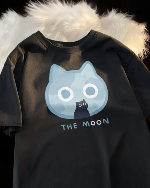 Neko Adventures T-Shirt - Kawaii cat t-shirt featuring a moon and cat graphic on black.