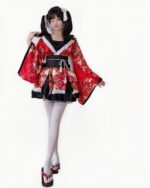 Detailed red and white fox kimono with lace trim, featuring a Japanese Lolita aesthetic.