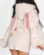 Cream-colored bunny hooded plush pajamas with attached ears. Cute kawaii clothes.