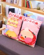 Big Bag of LaLafanfan Plushies: pink pillow with a duck plushie and pockets.