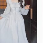 Light grey Long Sleeve Fairy Dress with puff sleeves and lace detailing, close-up.