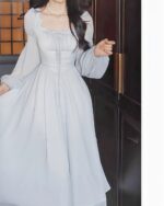 Light grey Long Sleeve Fairy Dress with puff sleeves and lace detailing, close-up.