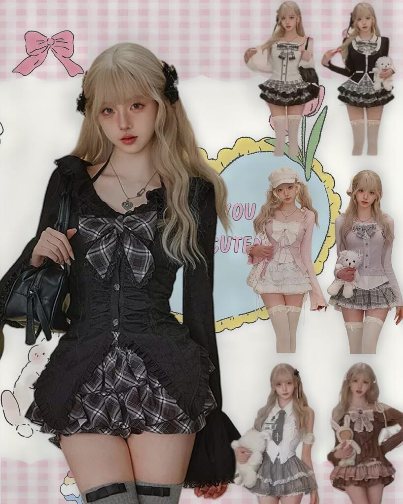 Kawaii bowed outfits: Preppy style dresses featuring bows, lace, and a layered look.