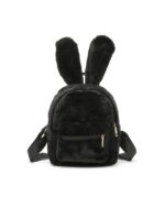 Black plushie rabbit backpack with ears and zipper pocket.