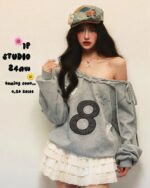 Gray coquette aesthetic sweatshirt with off-shoulder detail and number 8.