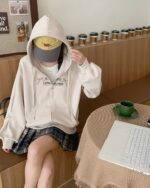 A light gray romantic zipper hoodie featuring "Romantic Long Island" print and a drawstring hood.