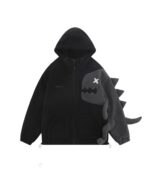 Harajuku dino hoodie featuring a gray plush dinosaur design and a black sherpa lining.