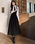 Elegant Uniform Set - Preppy Aesthetic outfit featuring a black skirt and white shirt with a tie-front bodice.