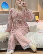 Flannel lace court pajamas - Victorian sleepwear, featuring a soft, plush design and delicate lace trim.